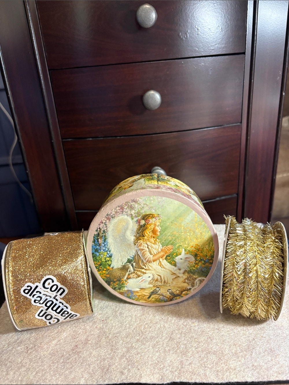 Angel Keepsake Decorative Round Gift Box with Gold Ribbon